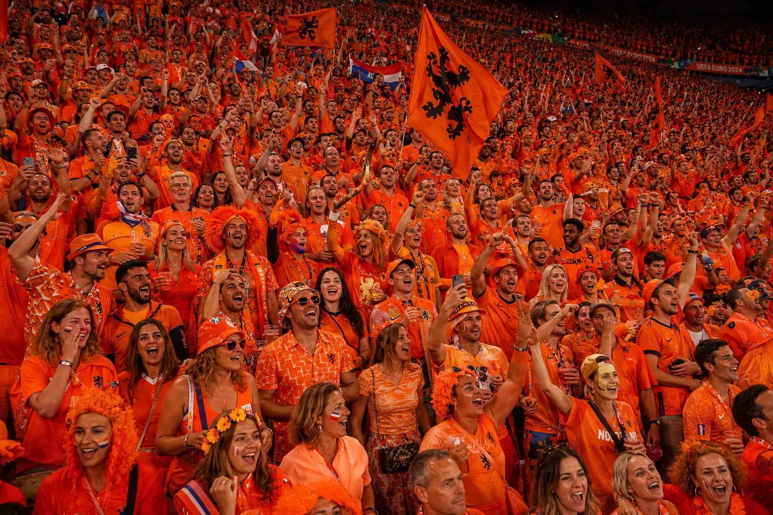 Nederlandse supporters in oranje juichen in een vol stadion